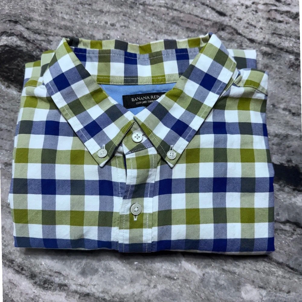 Banana Republic Oxford Shirt Woven Green Blue Gingham XL Slim Fit Button Down